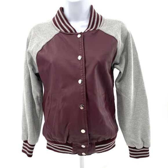 Forever 21 Varsity Jacket Womens Small Maroon Gray Letterman Snap Buttons *FLAW - Picture 1 of 11